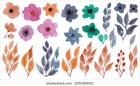 Set of floral elements. Watercolor flowers collection. Flower red, pink, navy blue rose, green leaves. branch, leaves, frames, wedding cards and invitations. Hand painted. 