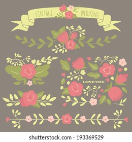 Set of floral elements for a wedding, birthday or Valentine's day. EPS 10. No transparency. No gradients.