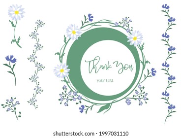 A set of floral elements. White background. Flower and green leaves. Flower poster, invitation. Vector compositions for the design of a greeting card or invitation. Botanical Flat Vector Illustration 