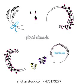 Set of floral elements and floral wreaths for design
