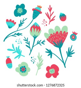 Set of floral elements for your design and compositions. Vivid trendy colors: red, green, blue, turquoise. EPS 10.