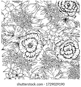 Set of floral elements.Vintage elegant wedding invitation with summer flowers. Black and white vector illustration.