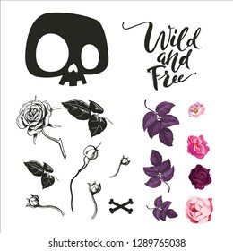 Set of floral elenents leaves and rose flowers and Cartoon Skull. Stylized skull, t-shirt print, skull sign, teenager print art design. Vector illustration. Isolated