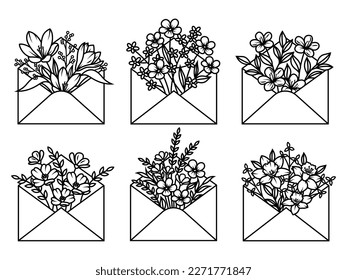 Set of floral envelope. Collection cover for mail with wild flower bouquet  design. Wedding envelope. Love letter. Vector illustration for holiday invitations.