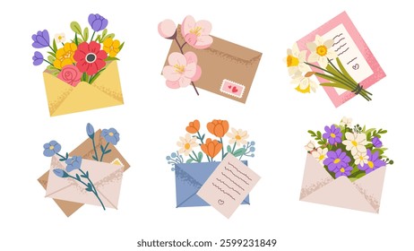 Set of floral envelopes. A gift for Mother's Day, for women. Bouquets of flowers package. Vector illustrations with grainy texture