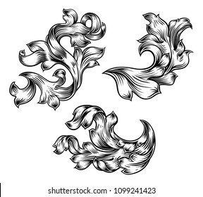 A set of floral filigree pattern scroll heraldry ornamental designs