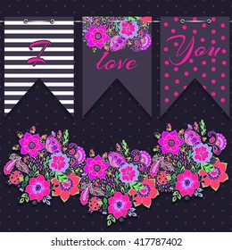 Set with floral flags garland. Vector flower composition design. Colorful botanical banner. Elements for celebrate.