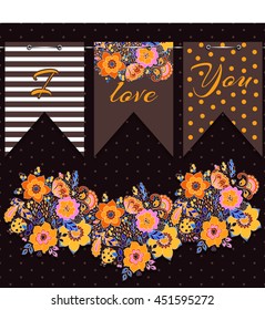 Set with floral flags garland. Vector flower composition design. Colorful botanical banner. Elements for celebrate.