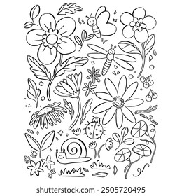 Conjunto de animales de jardín de flores florales mariposa libélula caracol mariquita primavera verano Vector floreciente lindo doodle estilo dibujado a mano lineart sobre fondo blanco