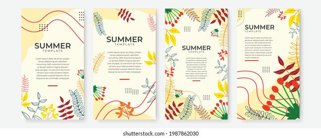 Set of floral flower leaves watercolor social media stories post template. Tropical and botanical warm earth tone cover background collection. Vector illustration for party, invitation, greeting card