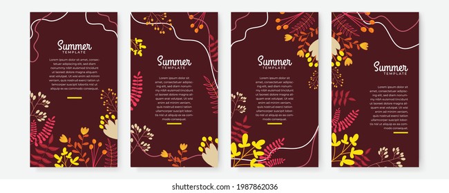 Set of floral flower leaves watercolor social media stories post template. Tropical and botanical warm earth tone cover background collection. Vector illustration for party, invitation, greeting card