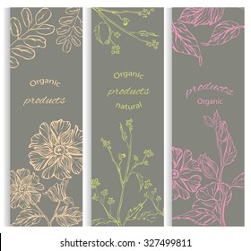 Set floral, flowering decorative banner, brochures collection. Organic eco products. Vector illustration