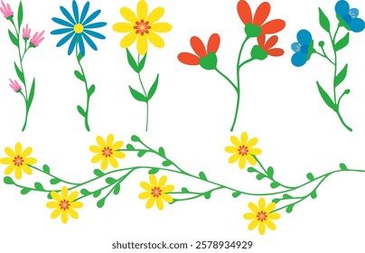 Set of floral flowers red, yellow, navy blue pink green branch leaves isolated White background Floral poster invite Vector arrangements for greeting card or invitation design Botanical set elements
