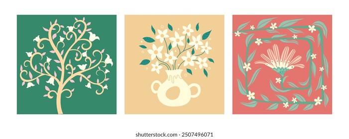 Set of floral flowers and trees, decorative ornament painting, vectors, and editable plants in vase. Abstract greenery for decoration, websitem banner , gift card and more