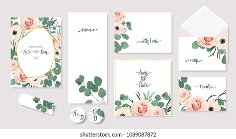  Set of floral frame with anemone, rose and eucalyptus. For wedding, Valentine's day, Birthday. Vector illustration. Watercolor style