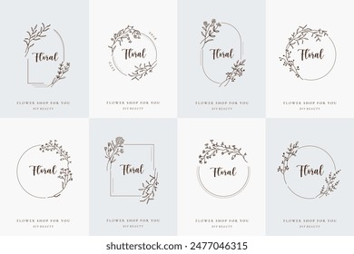 Conjunto de borde de marco floral. Collar de flores redondas adorno de arte. Diseño de decoración de Boda. Elegante emblema circular con logotipo de hoja. Ilustración vectorial en estilo de esquema