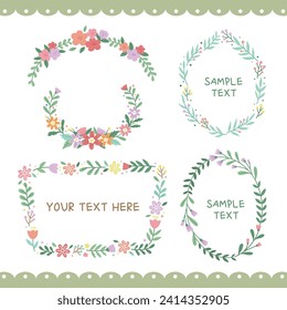 Set of floral frame with copy space for text. Borders flower and leaves wreaths for decoration invitation, wedding, birthday, greeting card. Elements for background, template, label, print