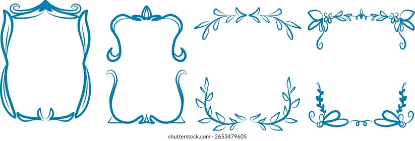 set of floral frame hand drawn with wavy squiggle curly ribbons in trendy, vintage styles. Vector playful border frames for trendy invitation cards.