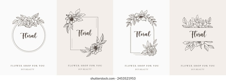 Set of floral frame logo line art. Botanical round ornament monogram. Flower wreath, border with branch and leaves. Elegant vintage simple emblem vector illustration