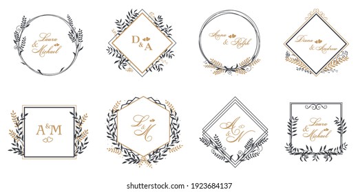 Set of floral frame. Round, rhombic and square templates. Border of flowers, twigs and leaves for wedding invitations or other celebrations.