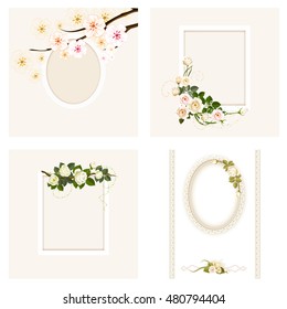 Set floral frame and template elements for greeting cards and wedding invitations. Rose and cherry flowers.