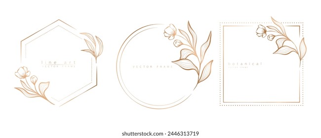 Set of floral frame templates in minimal linear style with hand drawn branches and leaves. Elegant frame. Botanical vector illustration for labels, corporate identity, wedding invitation, logo
