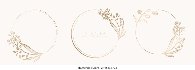 Set of floral frame templates in minimal linear style with hand drawn branches and leaves. Elegant frame. Botanical vector illustration for labels, corporate identity, wedding invitation, logo