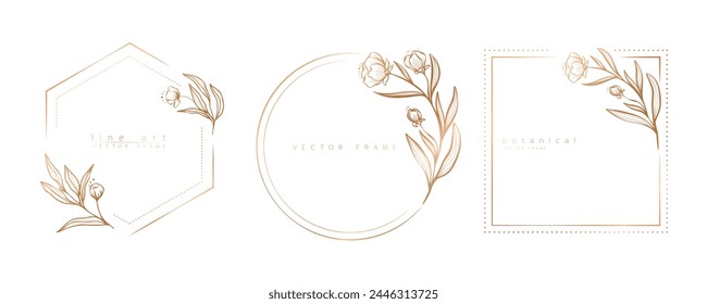 Set of floral frame templates in minimal linear style with hand drawn branches and leaves. Elegant frame. Botanical vector illustration for labels, corporate identity, wedding invitation, logo