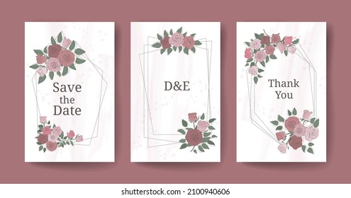 Set mit Blumenmustern. Speichern Sie das Datum. Blumendesign Hochzeitseinladung mit Rosenblumen. Frühlingsboho-Design mit floralem Hintergrund.