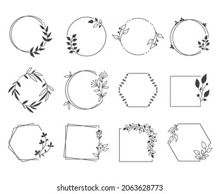 Set of floral frames. Border collection with flowers. Round and square branches frame. Vector illustration