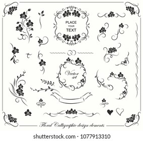 Set of floral frames, borders, labels, corners. Collection of original design elements. Vector calligraphy swirls, swashes, ornate motifs. 