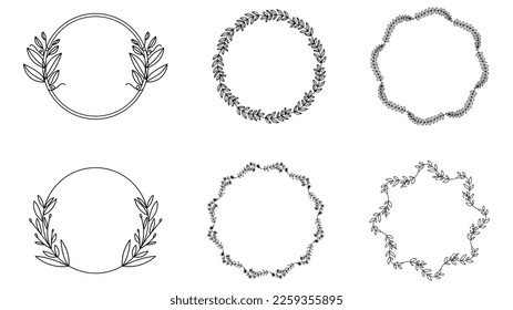 Set  floral frames, borders, wreaths Trendy Line drawing, line art style  ,Hand drawn design elements , Flat Modern design isolated on white background ,Vector illustration EPS 10