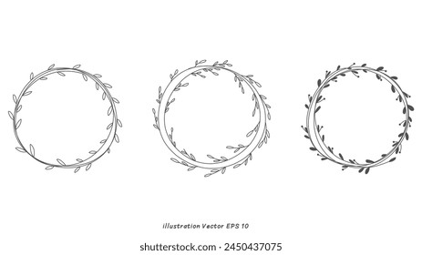 Set  floral frames, borders, wreaths Trendy Line drawing, line art style  ,Hand drawn design elements , Flat Modern design isolated on white background ,Vector illustration EPS 10