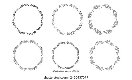 Set Blumenrahmen, Ränder, Kränze Trendy Line Zeichnung, Line Art Stil ,Handgezeichnete Design-Elemente , Flaches modernes Design isoliert auf weißem Hintergrund ,Vektorillustration EPS 10