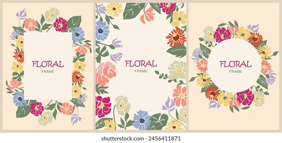 Conjunto de marcos florales para tarjetas, invitaciones, Anuncio. Coloridas Ilustraciones vectoriales planas aisladas sobre fondo beige neutro. Dibujado a mano.