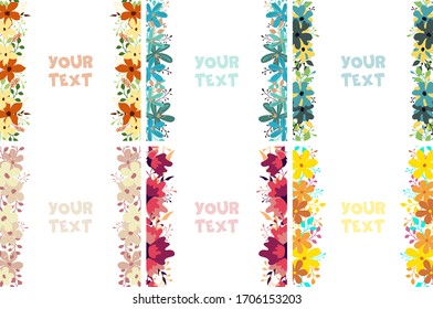 Set of floral frames; colorful flower borders for greeting cards, wedding cards, invitations, posters, banners, web design.