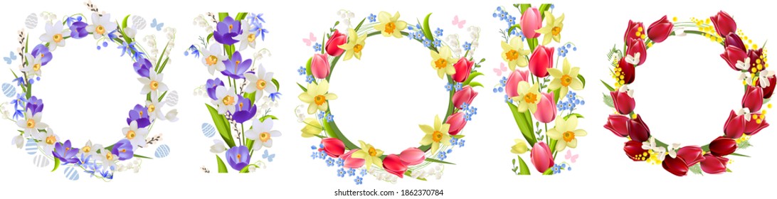 Set with floral frames. Crocuses,daffodils and tulips on white background. Endless vertical borders and round wreaths.
