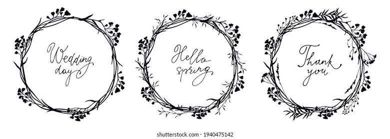 Set of floral frames of different shapes with black meadow herbs, limonium branches and lettering inscriptions. Floral wreaths. Vector illustration.