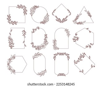 Set of Floral Frames, Elegant Linear Borders with Flowers and Leaves Isolated on White Background. Decorative Elements for Wedding Cards, Invitations, Photo Frames. Cartoon Vector Illustration