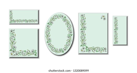 Set of floral frames with field flowers on light green background, vector.