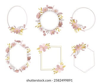 Set of floral frames with gentle meadow flowers and golden leaves. Delicate botanical wreath for wedding invitations and greeting cards. 