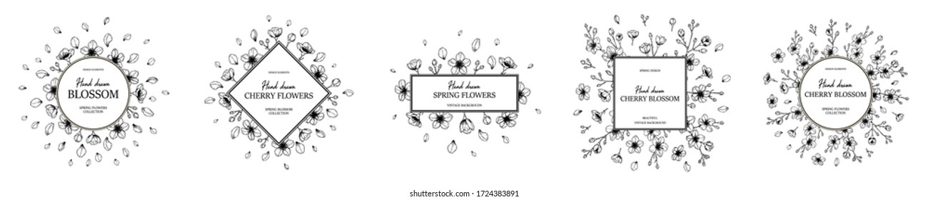 Conjunto de marcos florales con flor de cerezo de primavera dibujado a mano en estilo de esbozo. Diseño de primavera para tarjetas, carteles, cartas, invitaciones. Lugar para el texto