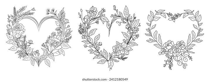 Set of Floral frames heart shape with rose flowers
