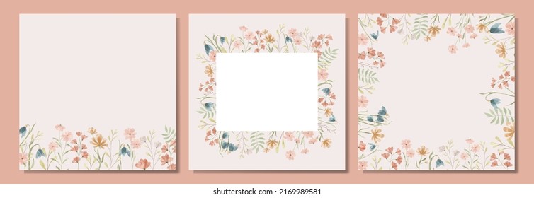 Set of floral frames isolated on the beige background. Cute watercolor floral wreath perfect for wedding invitations and greeting cards.