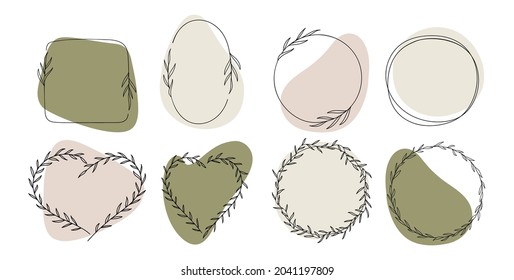 Fijar marcos florales, coronas de laurel, bordes de hojas. Vector botánico para su diseño. Logo y marca. Esquema. Vector dibujado a mano