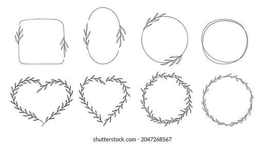 Set floral frames, laurel wreaths, leaf borders. Botanical vector for your design. Logo and branding. Outline. Hand drawn vector