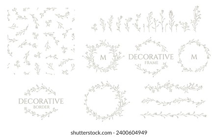 Set of floral frames, monograms and borders. Seamless pattern. Hand drawn herb.