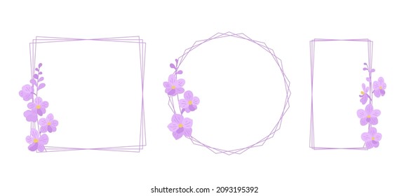 Set with floral frames on a white background. Delicate orchid flowers (Vascostylis) for your elegant design of cards, greetings, invitations and the like. Flat cartoon vector illustration.