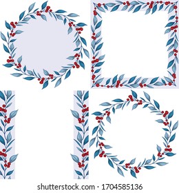 Set of floral frames; round and square frames with blue leaves for greeting cards, wedding cards, invitations, posters, banners, web design.