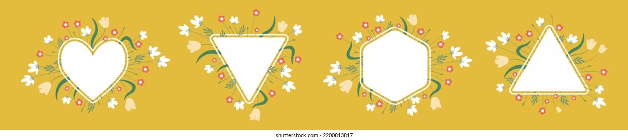 Set of floral frames with simple vector wild flowers and white block for text